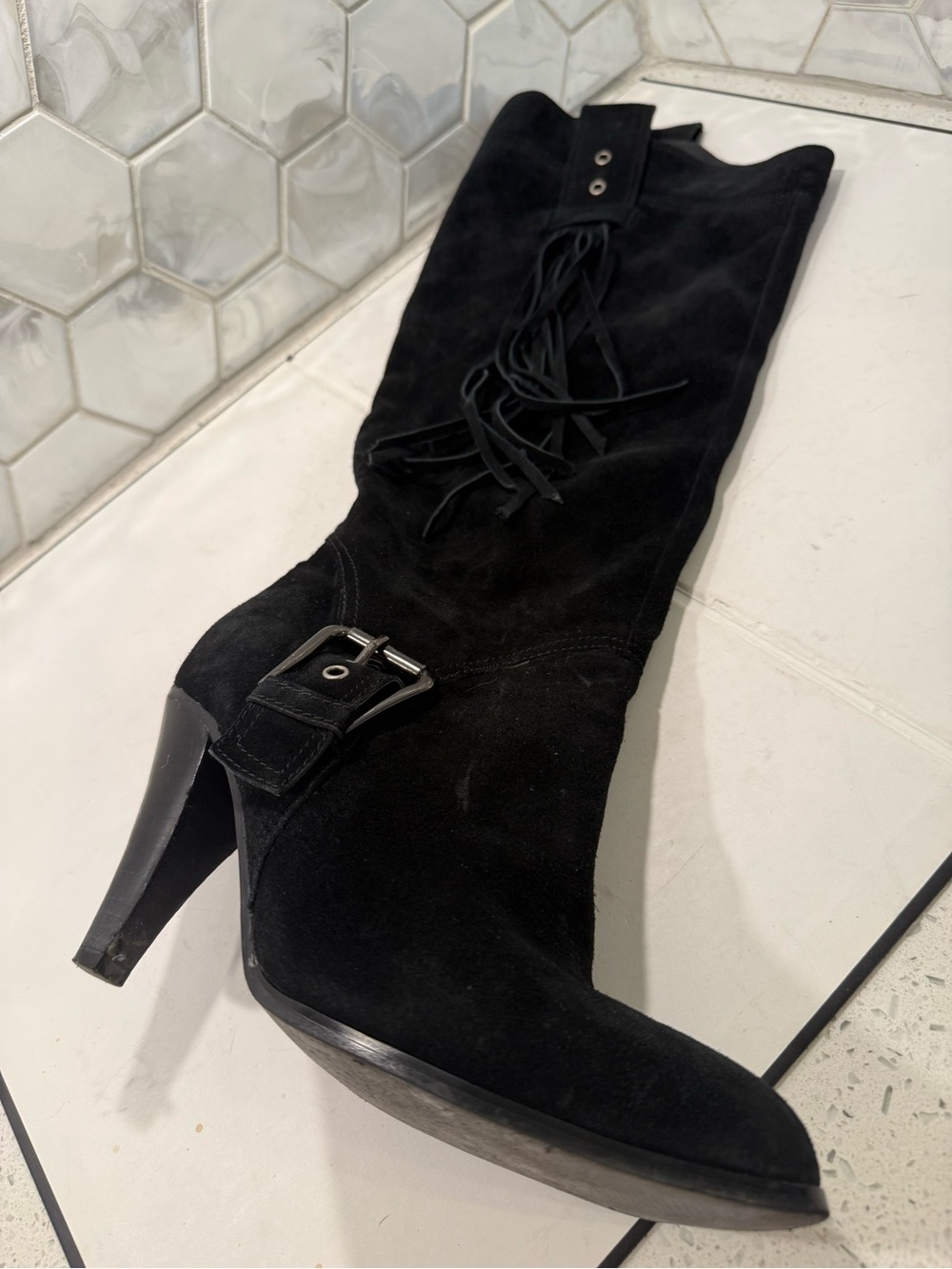 Colin Stuart Black Suede Knee High Boots Buckle & Tassel Fringe High Heel Sz 9